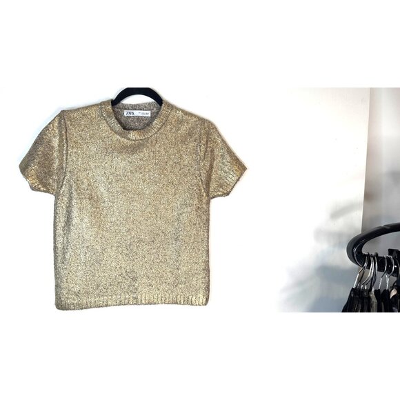2/$30 Zara Gold Metallic Small Short Sleeve Pullover Crewneck Sweater - Picture 1 of 14